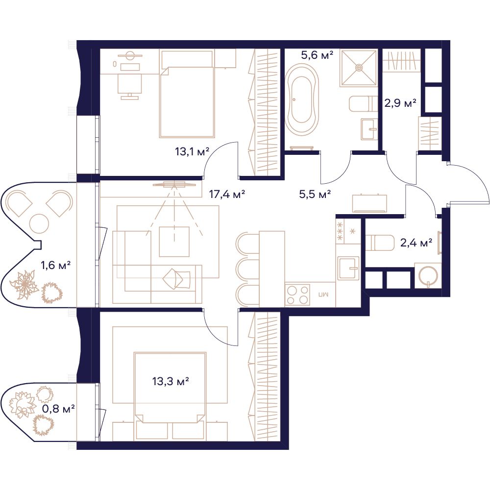 2-комнатная, 62,7 м² — 44 641 760 ₽