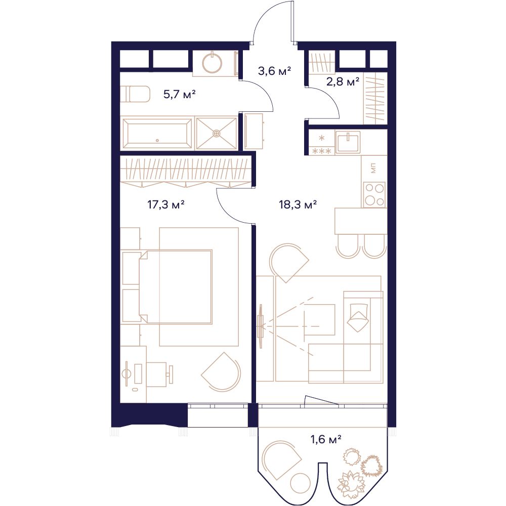 1-комнатная, 49,4 м² — 35 081 340 ₽