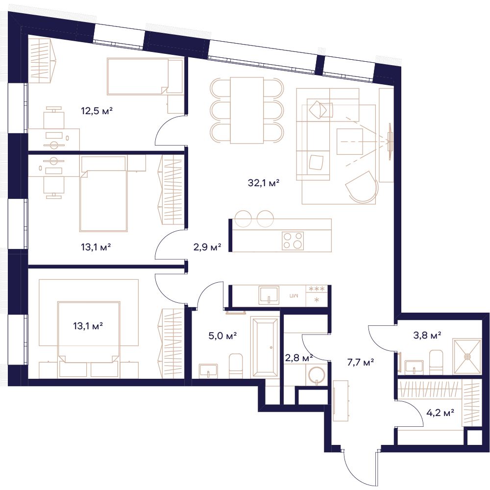 3-комнатная, 97,7 м² — 59 230 340 ₽