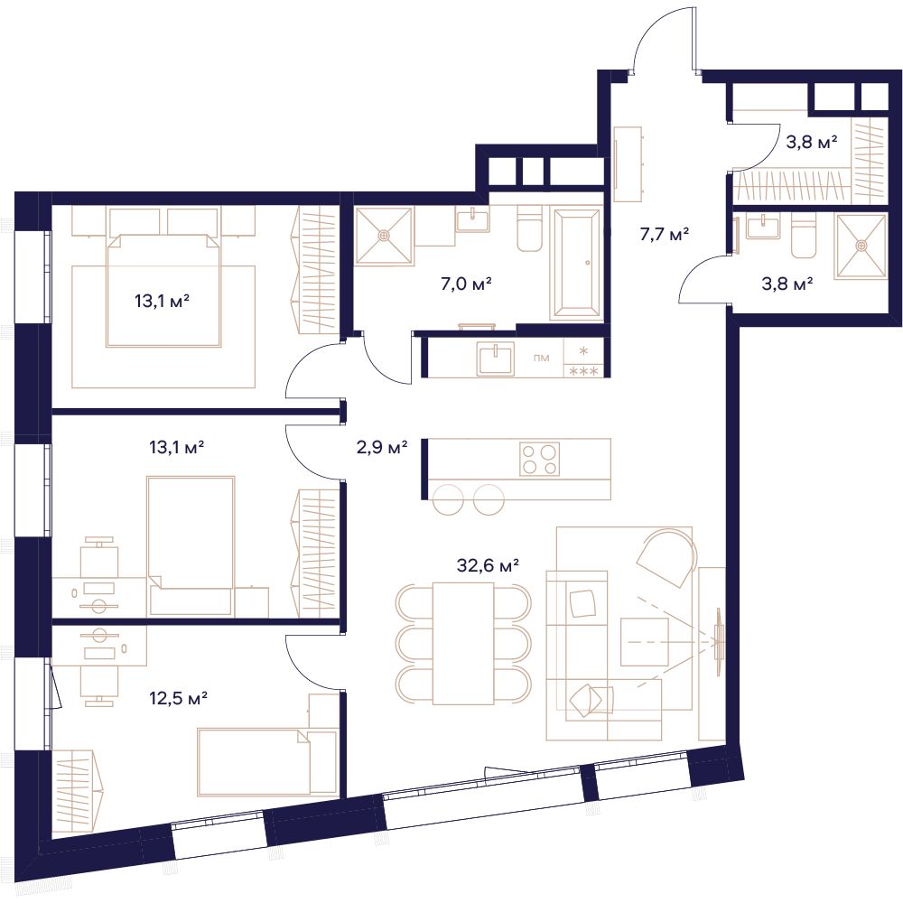 3-комнатная, 97 м² — 67 440 400 ₽