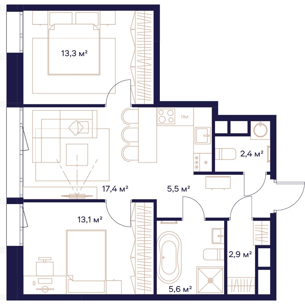 2-комнатная, 60,7 м² — 43 169 530 ₽