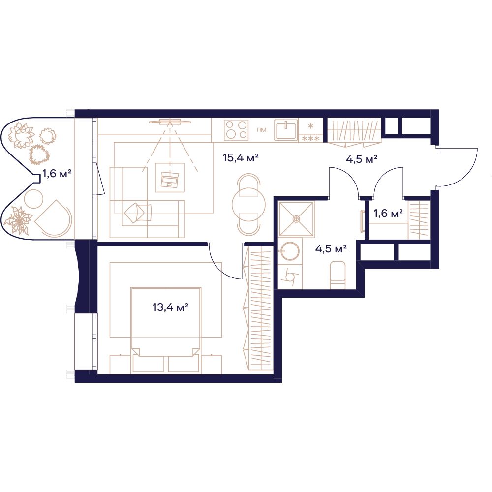1-комнатная, 41,3 м² — 33 719 080 ₽