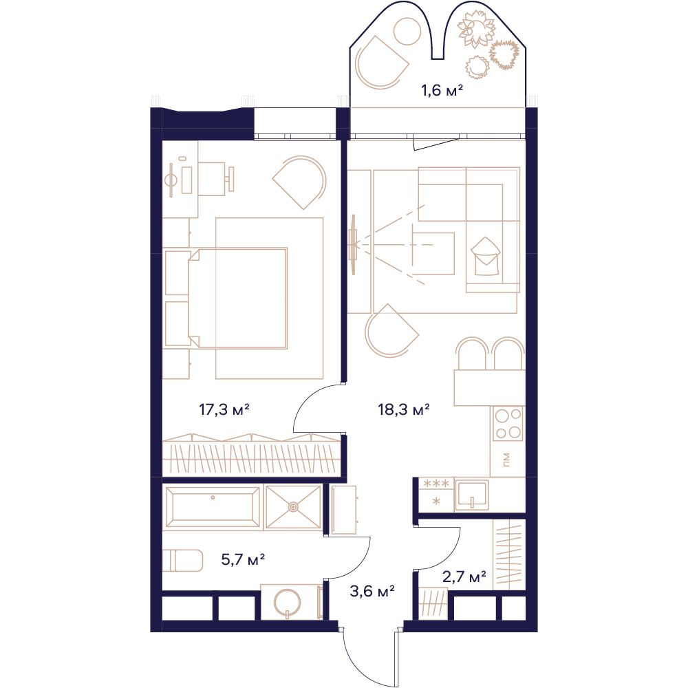 1-комнатная, 49,3 м² — 41 148 580 ₽