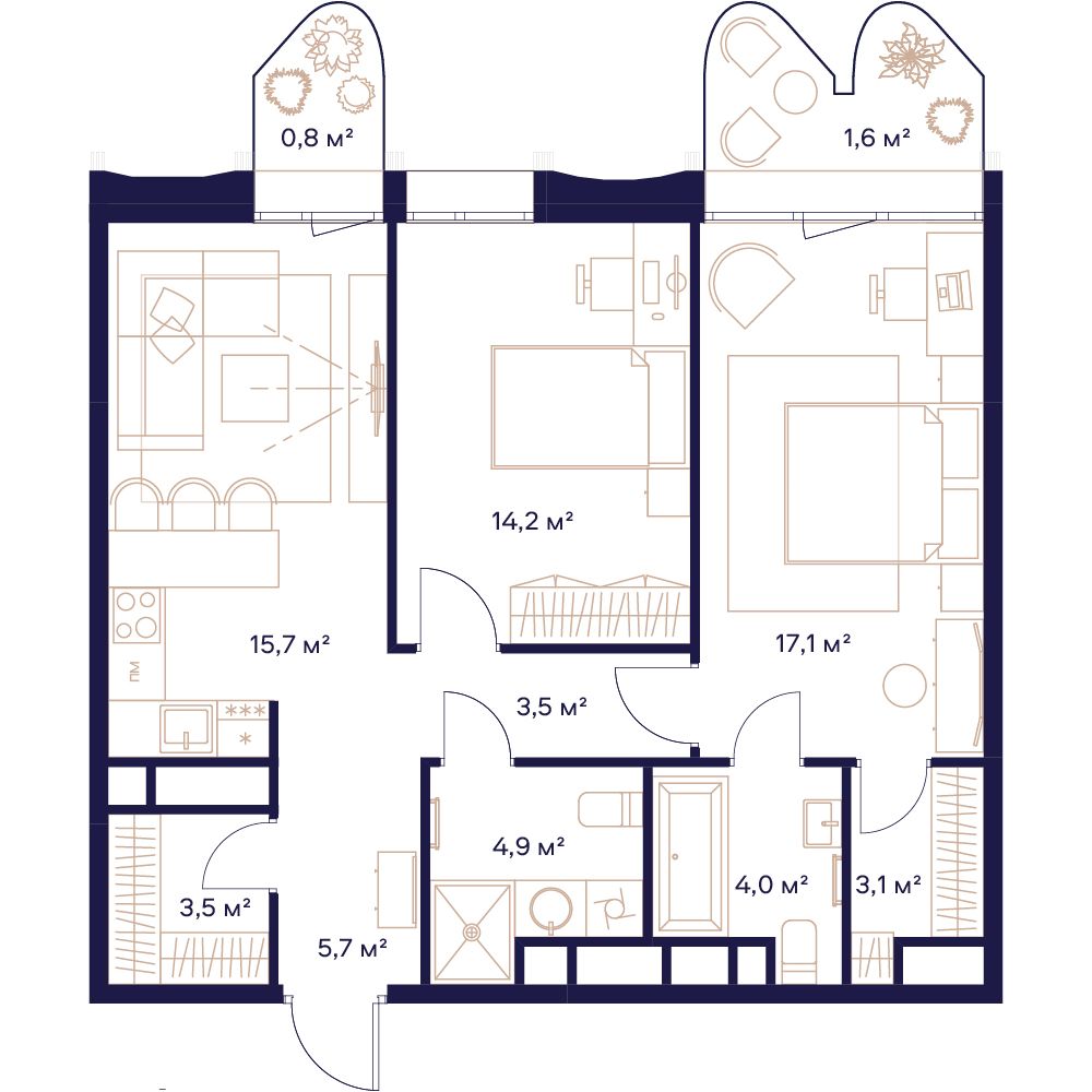 2-комнатная, 73,8 м² — 58 169 900 ₽