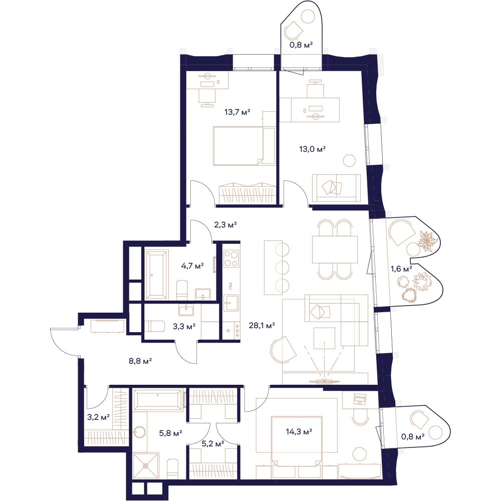 3-комнатная, 105,2 м² — 84 023 360 ₽