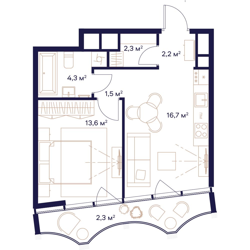 1-комнатная, 42,9 м² — 29 895 380 ₽