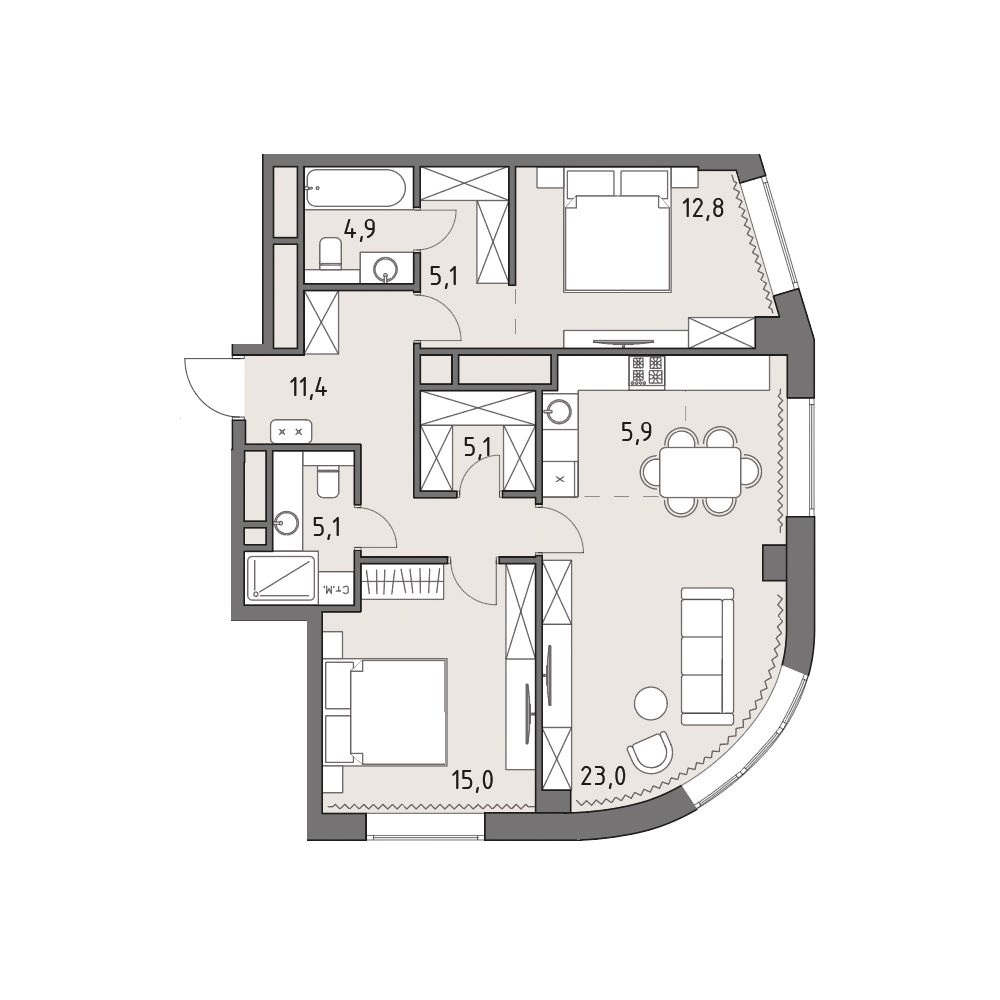 3-комнатная, 88,1 м² — 67 525 812 ₽