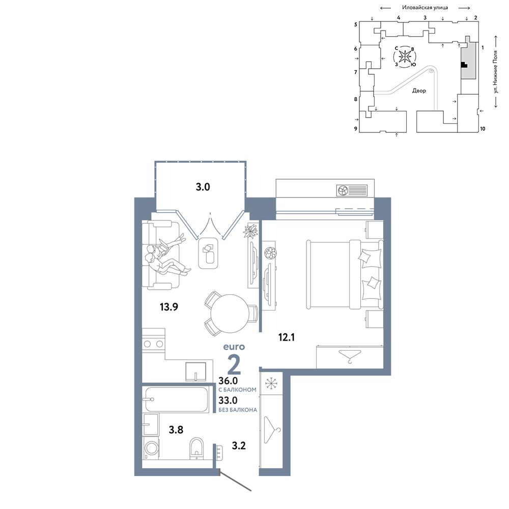 2-комнатная, 36 м² — 22 990 000 ₽