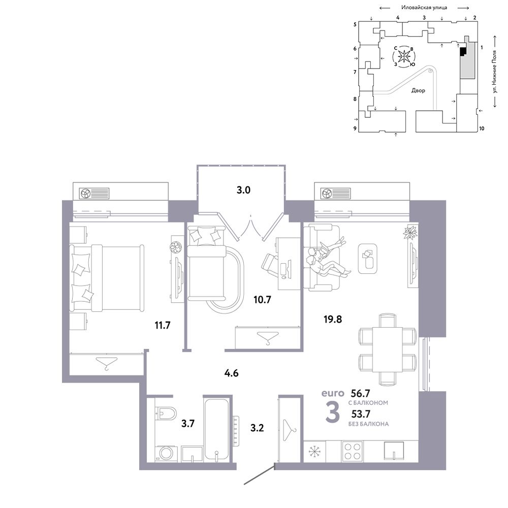3-комнатная, 56,7 м² — 26 550 000 ₽