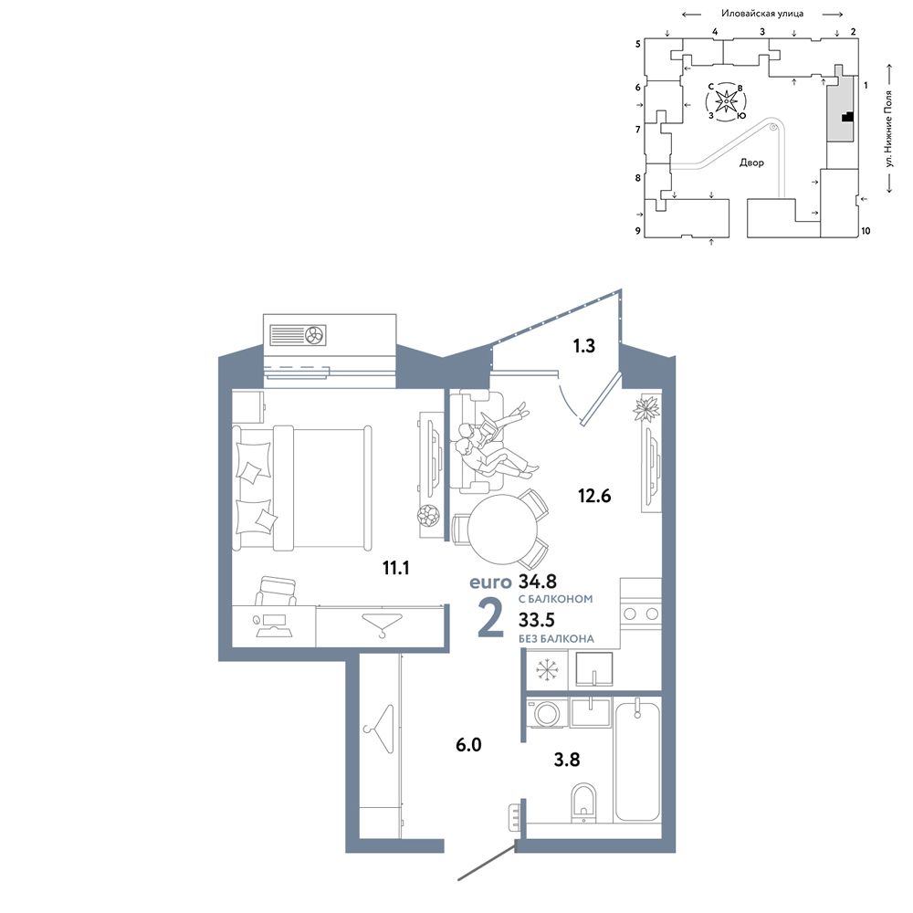 2-комнатная, 34,8 м² — 22 090 000 ₽