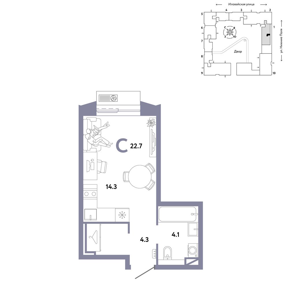 1-комнатная, 22,7 м² — 17 990 000 ₽