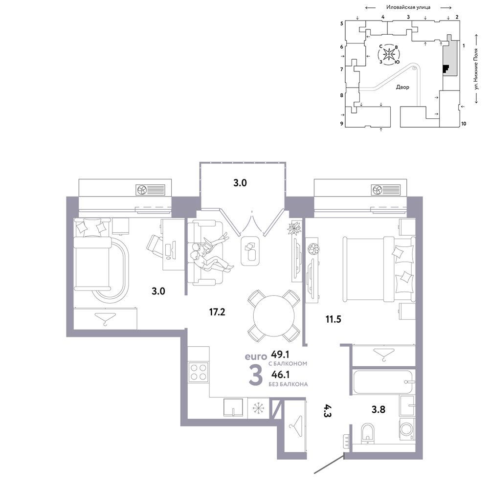 3-комнатная, 49,1 м² — 27 590 000 ₽