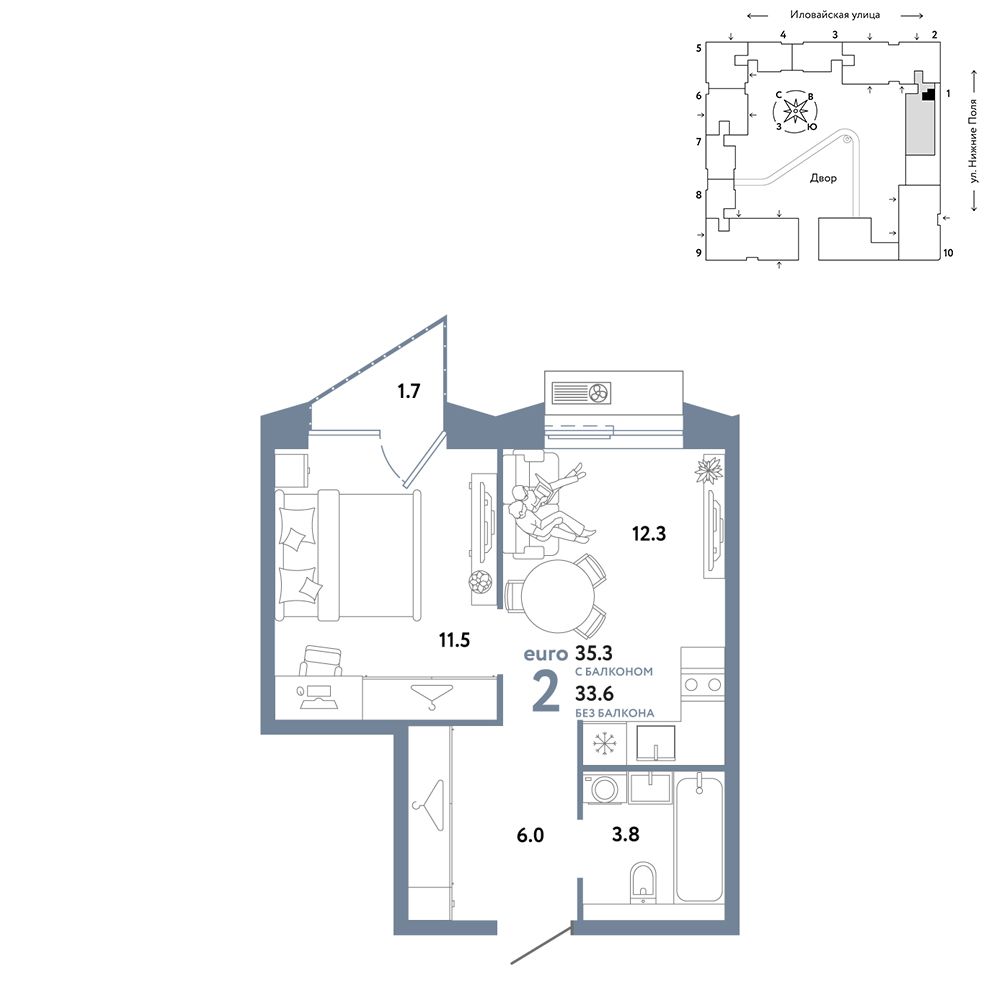 2-комнатная, 35,3 м² — 22 190 000 ₽