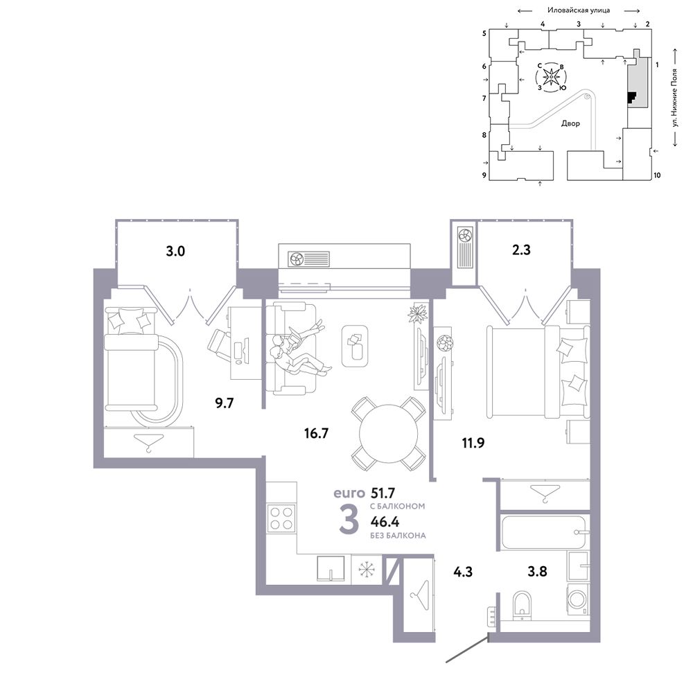 3-комнатная, 51,7 м² — 26 285 294 ₽