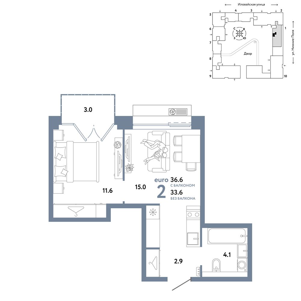 2-комнатная, 36,6 м² — 22 390 000 ₽