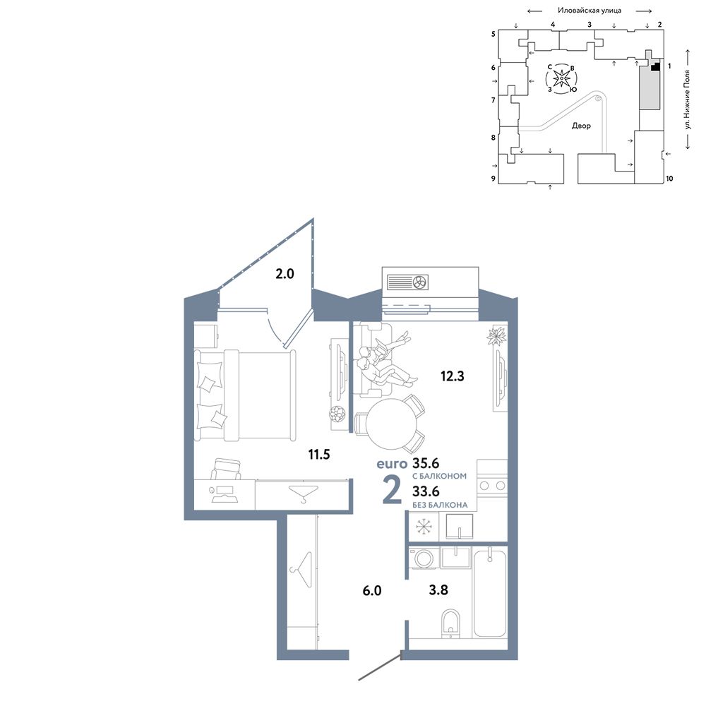 2-комнатная, 35,6 м² — 22 390 000 ₽
