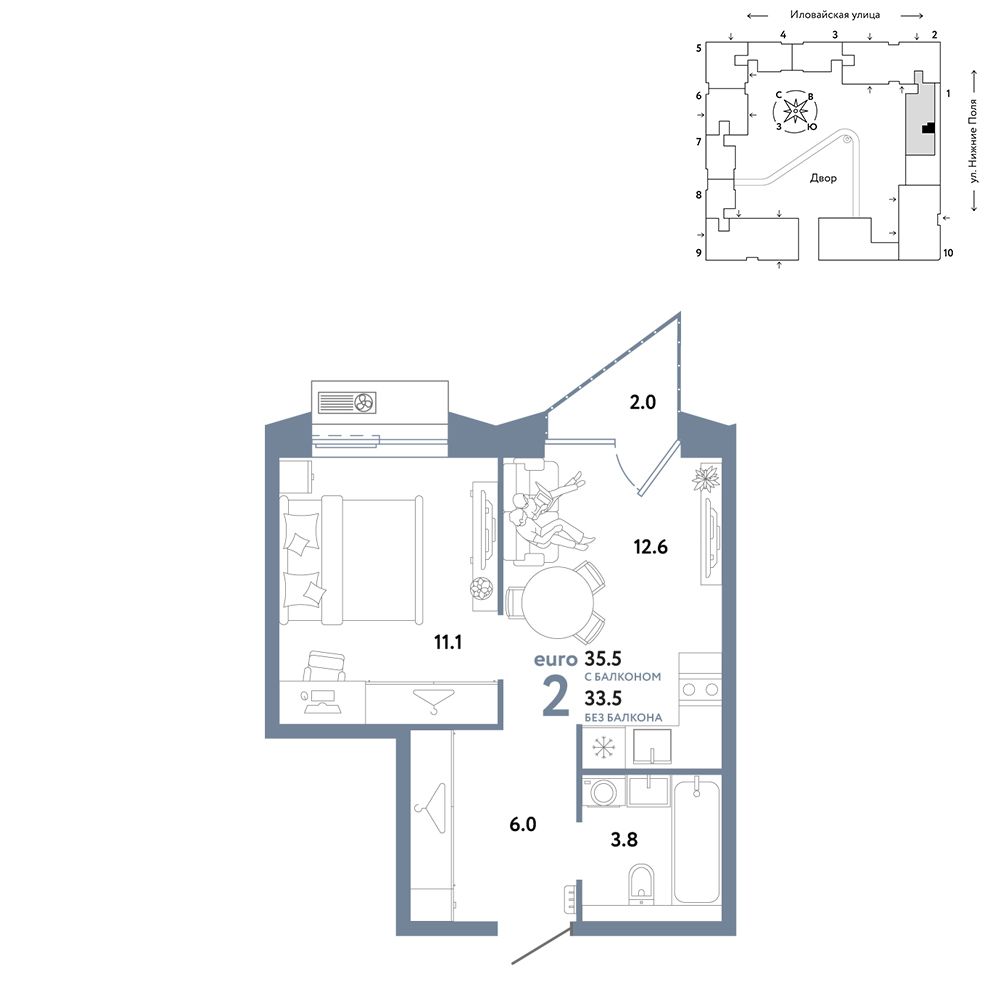 2-комнатная, 35,5 м² — 24 890 000 ₽