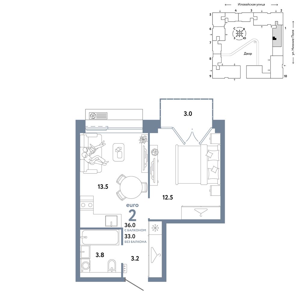 2-комнатная, 36 м² — 25 390 000 ₽