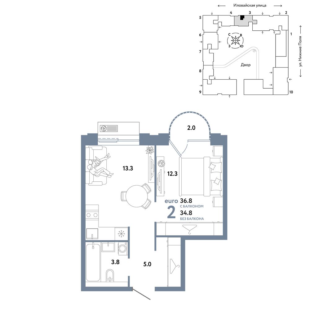 2-комнатная, 36,8 м² — 21 790 000 ₽
