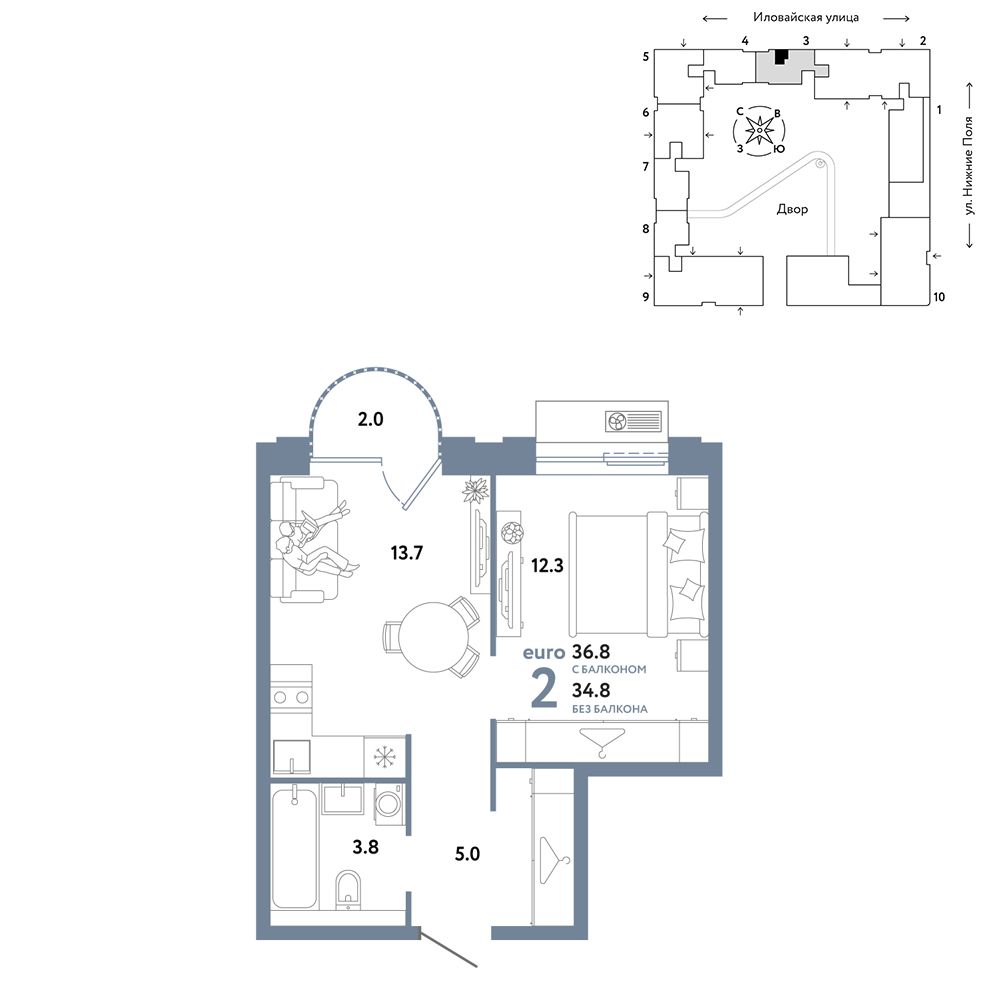 2-комнатная, 36,8 м² — 23 090 000 ₽