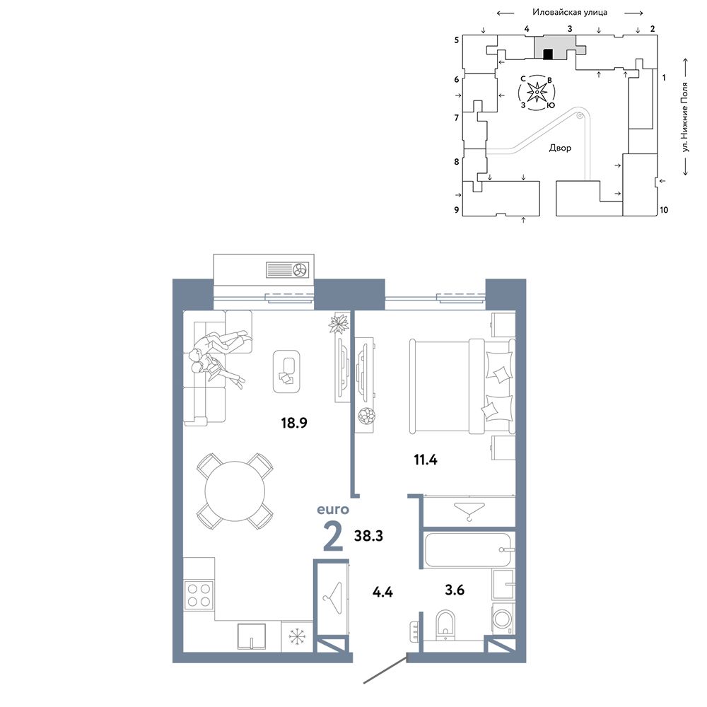 2-комнатная, 38,3 м² — 24 390 000 ₽