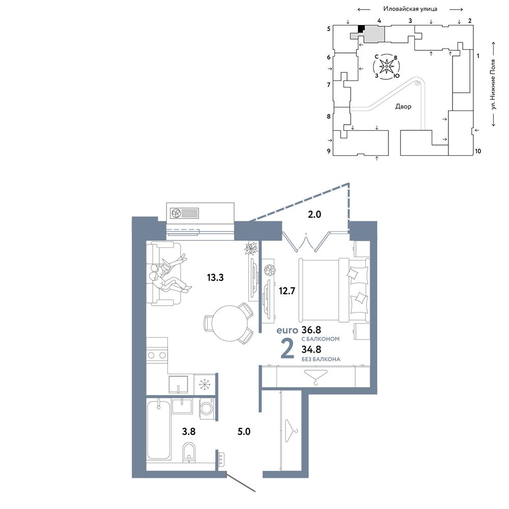 2-комнатная, 36,8 м² — 21 890 000 ₽
