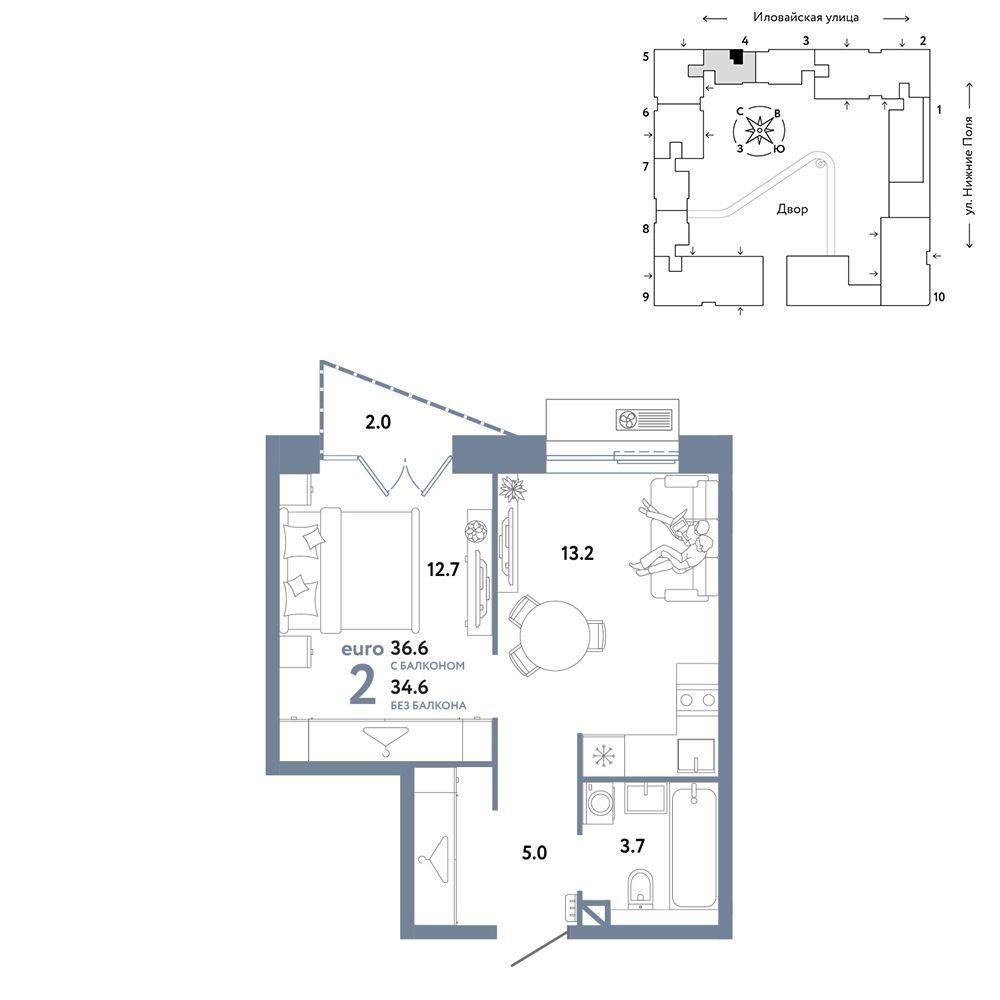2-комнатная, 36,6 м² — 22 290 000 ₽