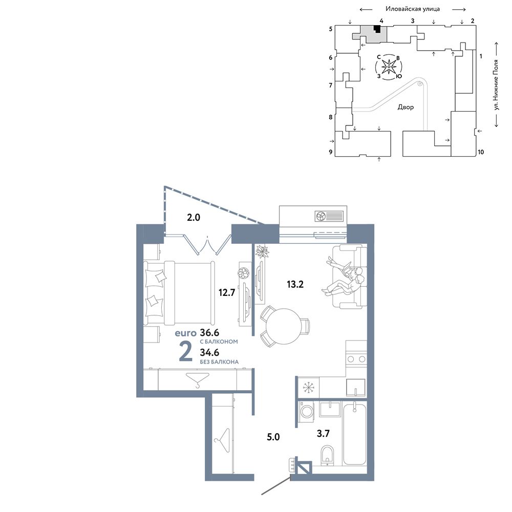 2-комнатная, 36,6 м² — 23 590 000 ₽