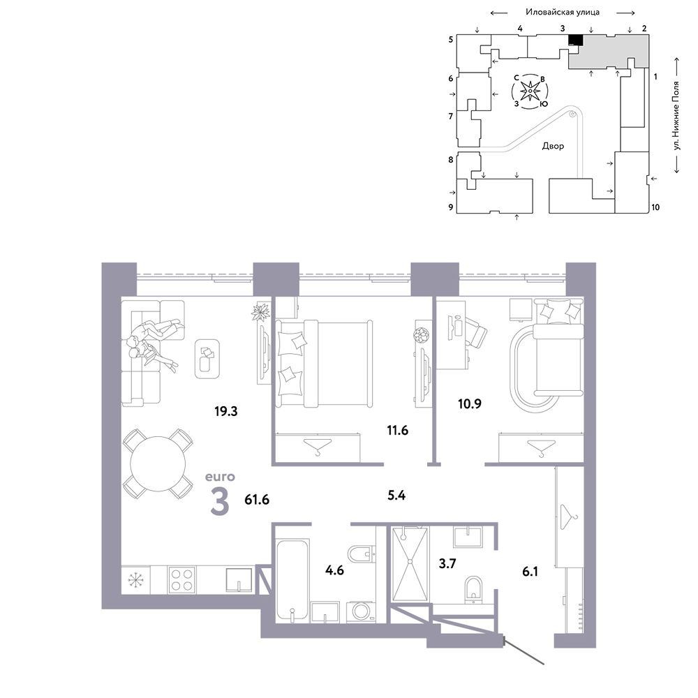 3-комнатная, 61,6 м² — 25 690 000 ₽