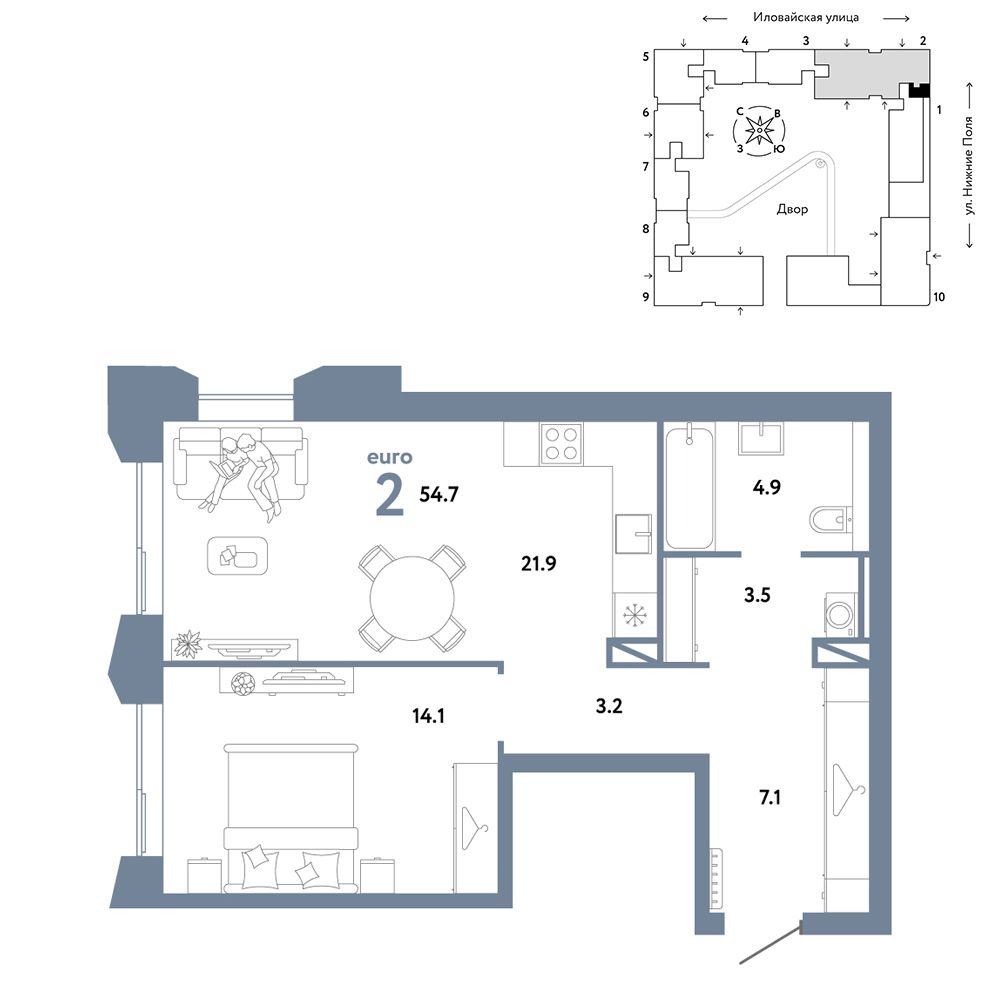 2-комнатная, 54,7 м² — 26 390 000 ₽