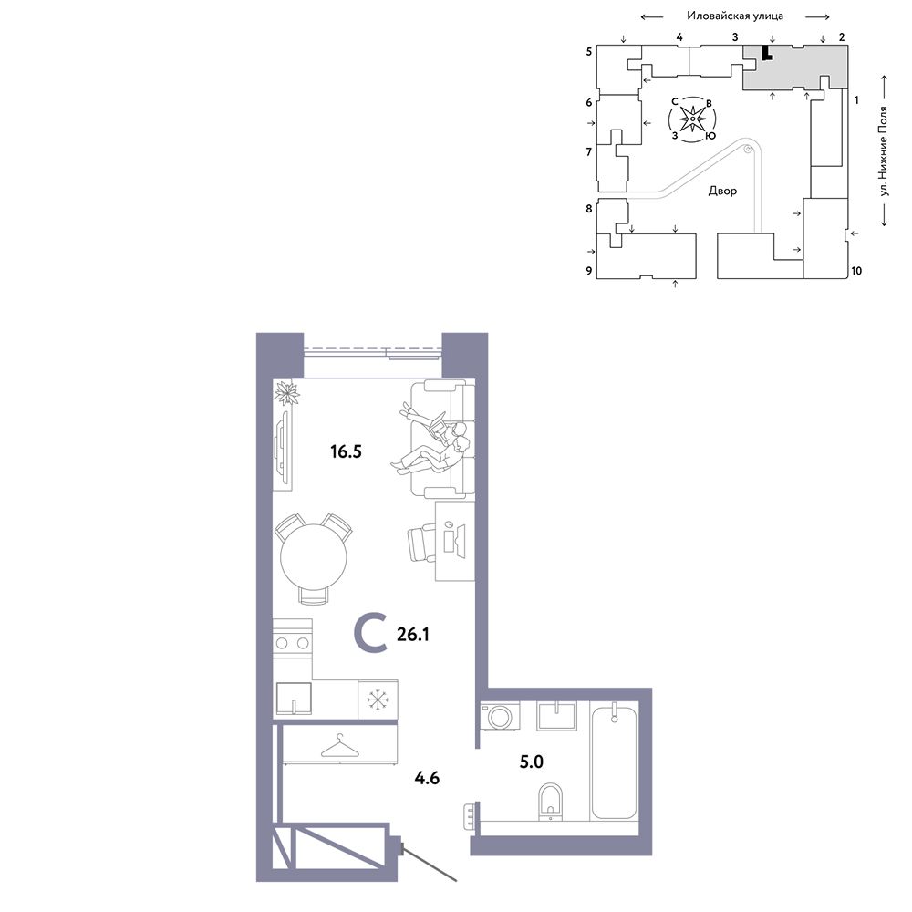 1-комнатная, 26,1 м² — 17 090 000 ₽