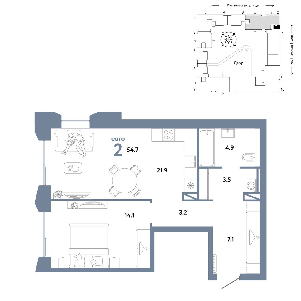 2-комнатная, 54,7 м² — 23 373 529 ₽