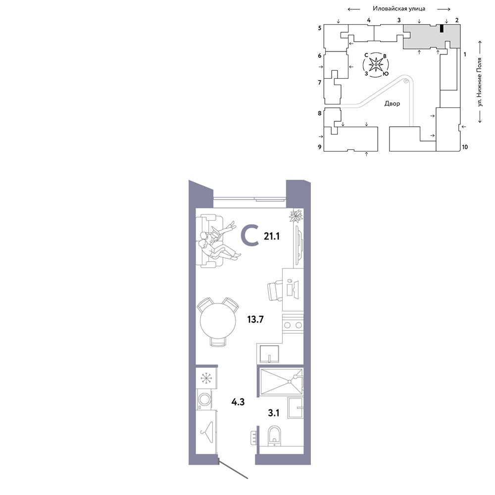 1-комнатная, 21,1 м² — 14 590 000 ₽