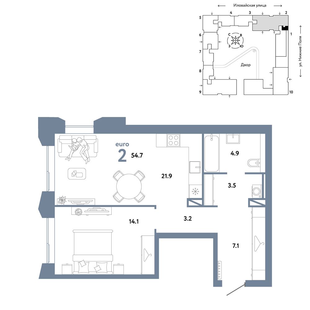 2-комнатная, 54,7 м² — 26 890 000 ₽