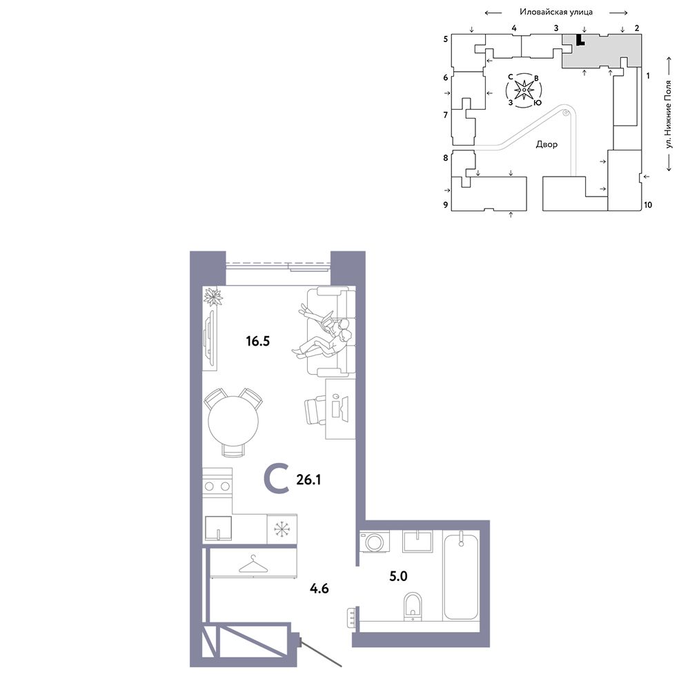 1-комнатная, 26,1 м² — 17 390 000 ₽