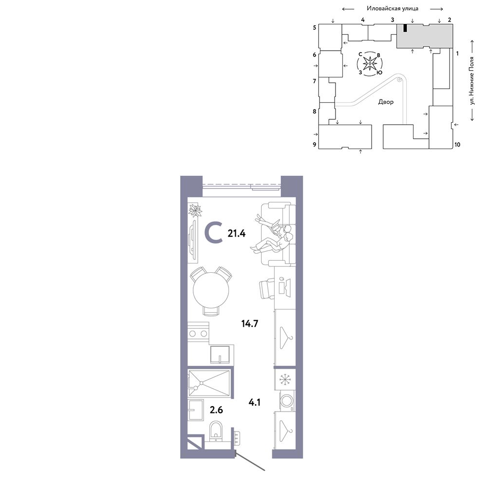 1-комнатная, 21,4 м² — 15 590 000 ₽