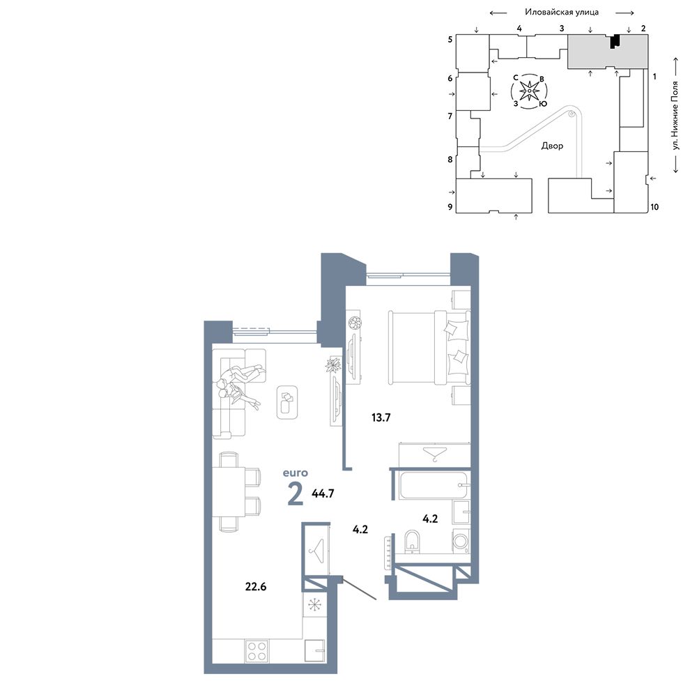 2-комнатная, 44,7 м² — 19 667 646 ₽