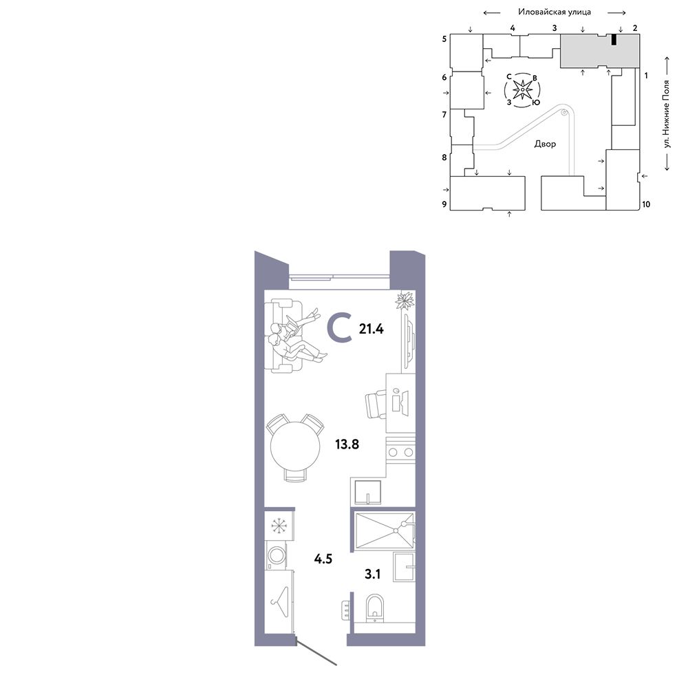1-комнатная, 21,4 м² — 15 390 000 ₽