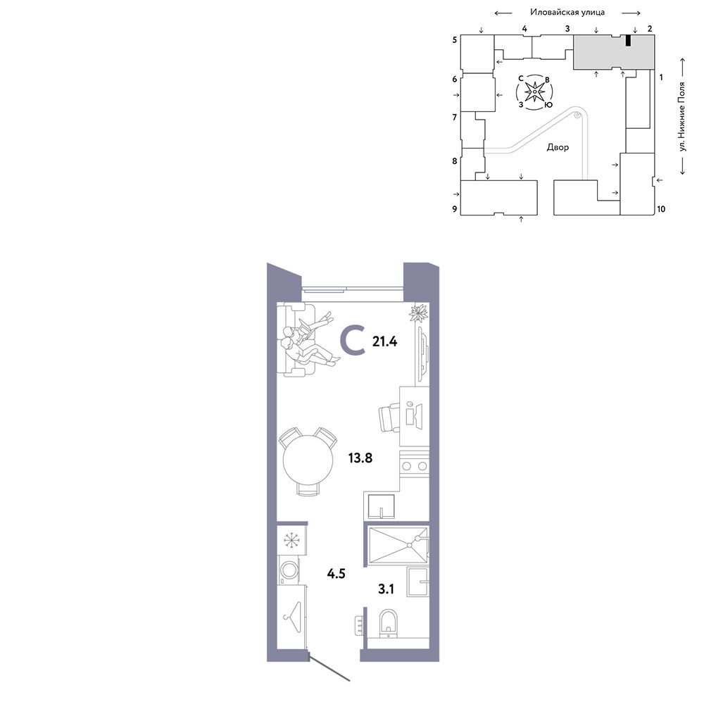 1-комнатная, 21,4 м² — 15 590 000 ₽