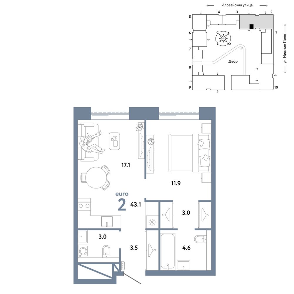 2-комнатная, 43,1 м² — 21 790 000 ₽