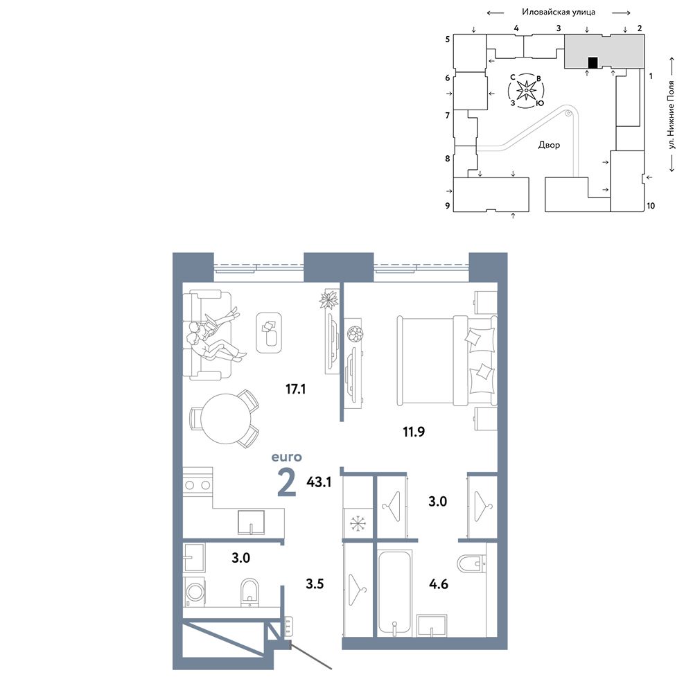 2-комнатная, 43,1 м² — 22 190 000 ₽