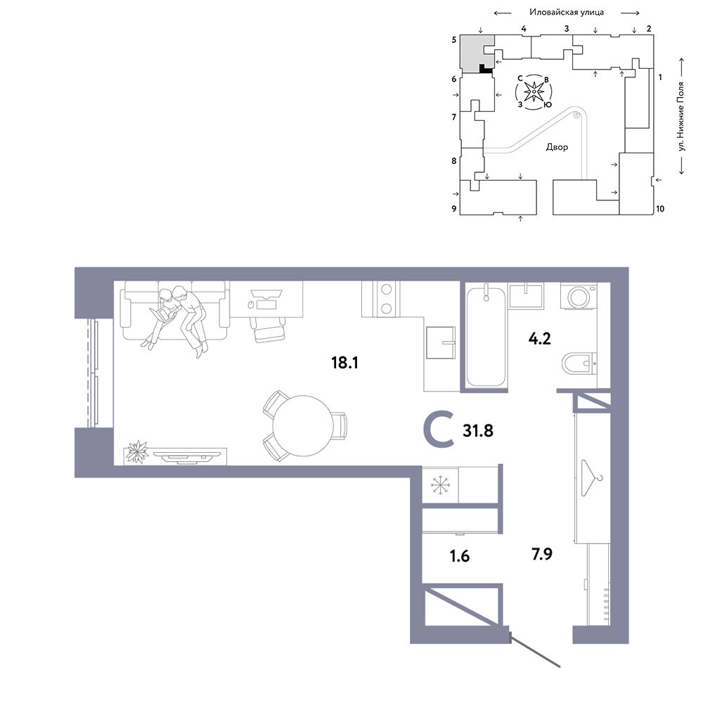1-комнатная, 31,8 м² — 18 990 000 ₽