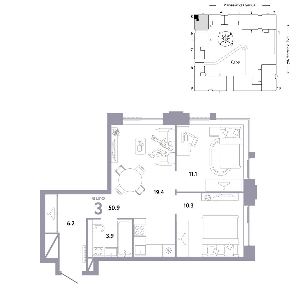3-комнатная, 50,9 м² — 23 690 000 ₽