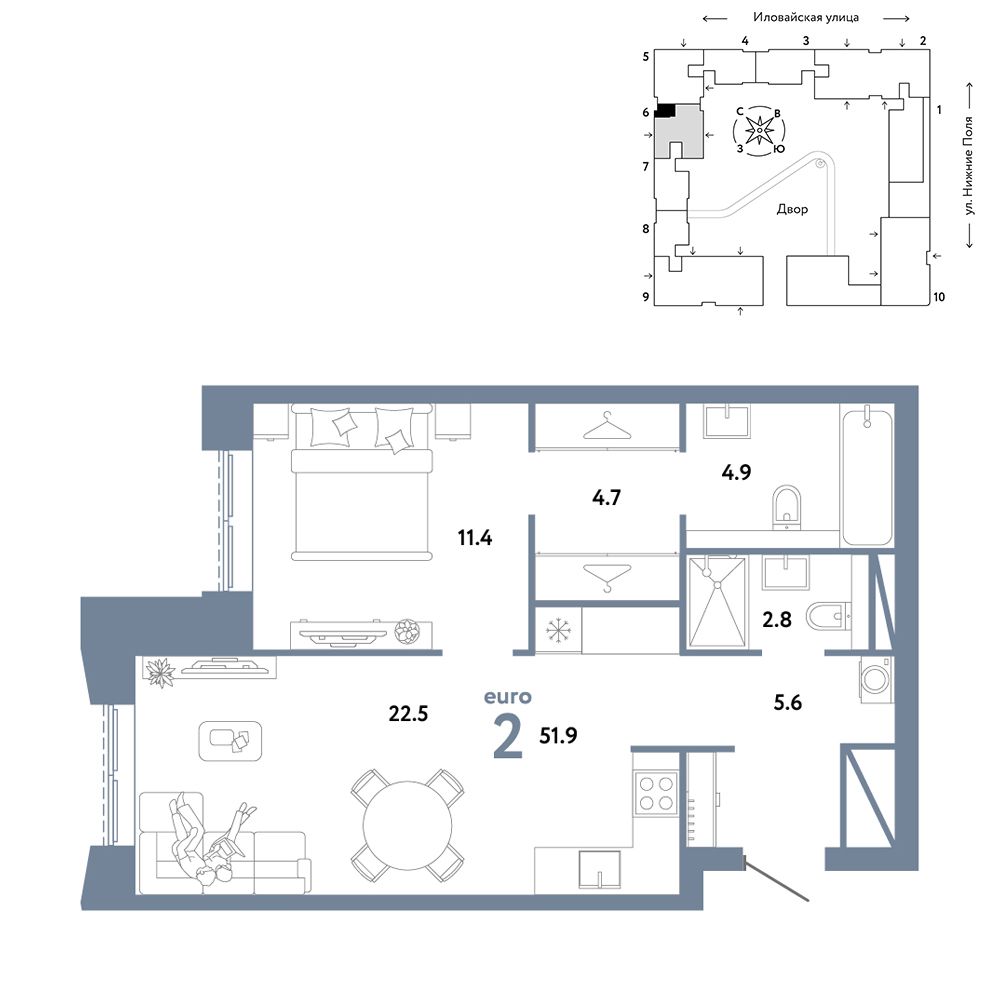 2-комнатная, 51,9 м² — 25 090 000 ₽