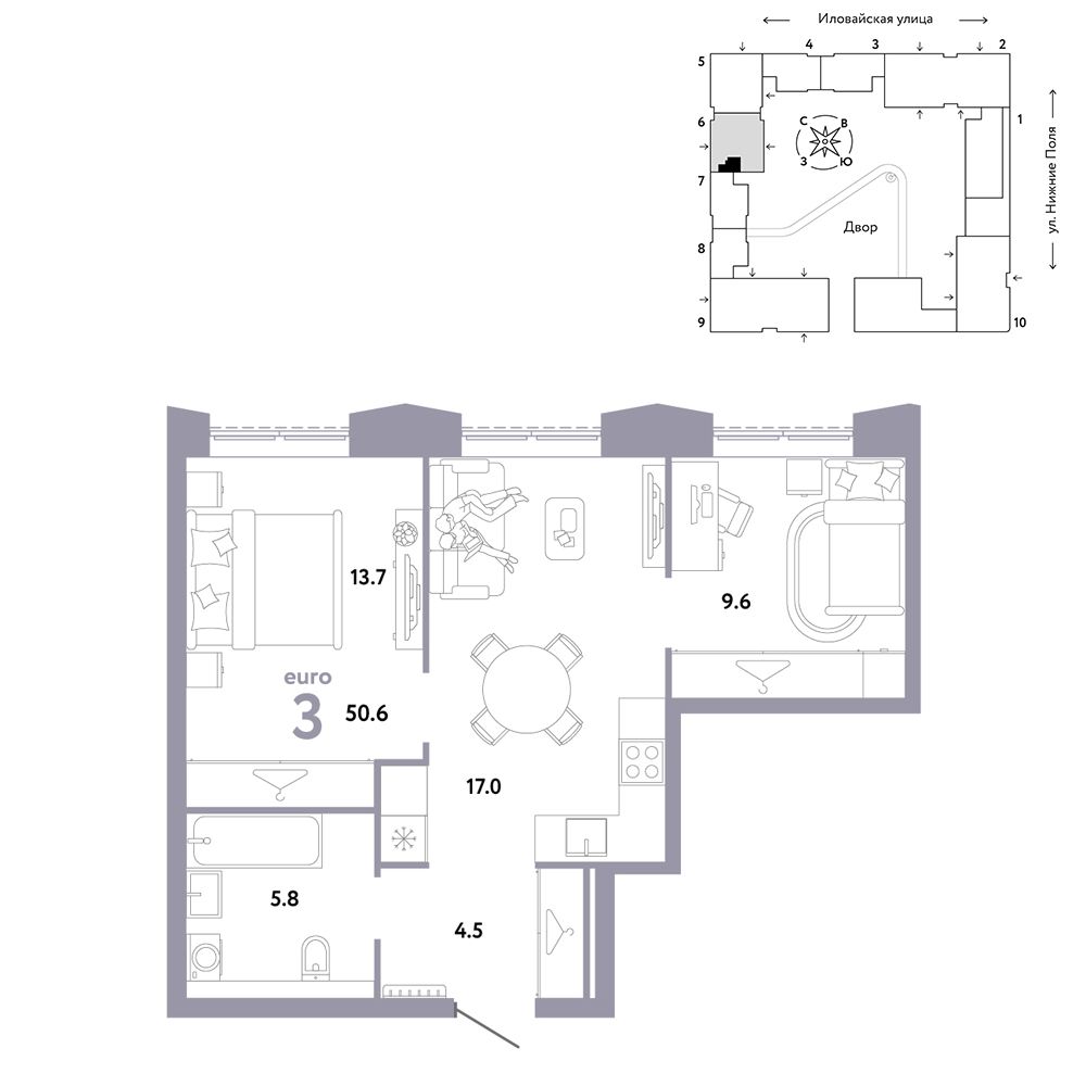 3-комнатная, 50,6 м² — 23 190 000 ₽