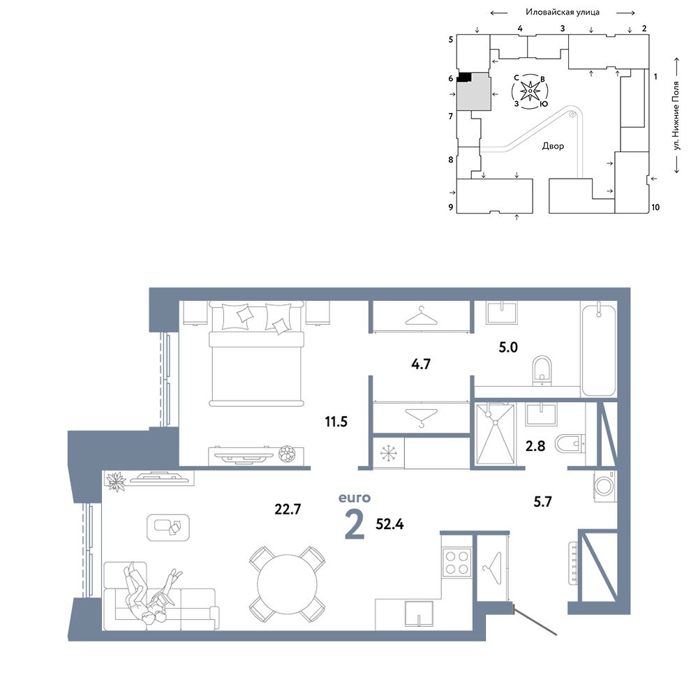 2-комнатная, 52,4 м² — 25 390 000 ₽