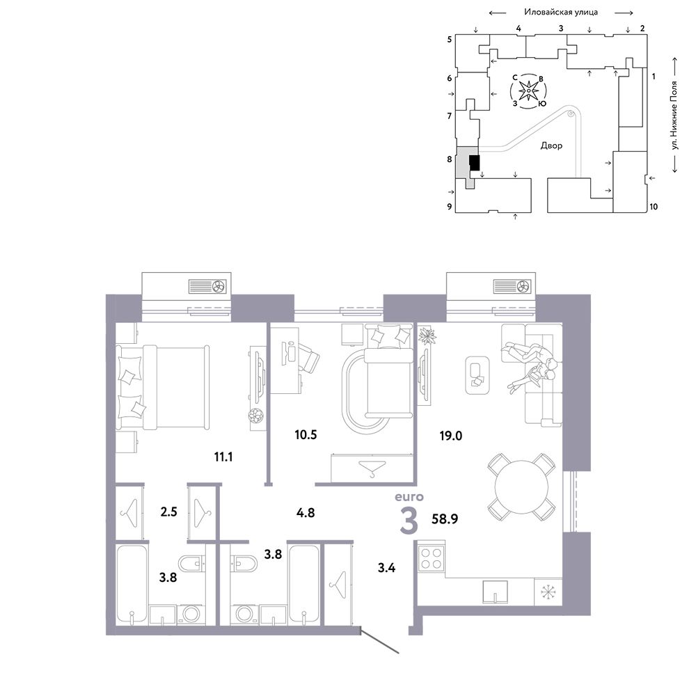 3-комнатная, 58,9 м² — 26 490 000 ₽