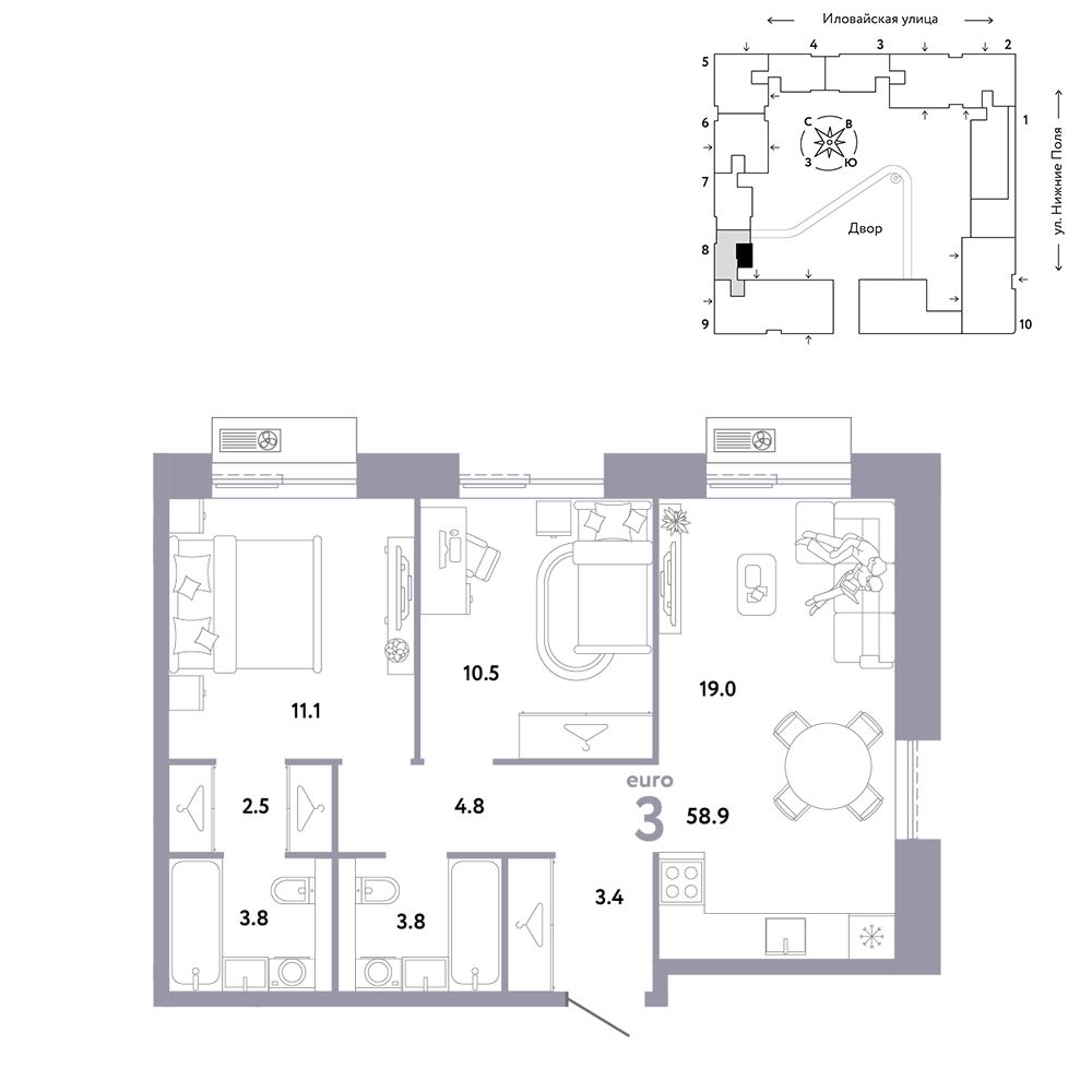 3-комнатная, 58,9 м² — 27 490 000 ₽