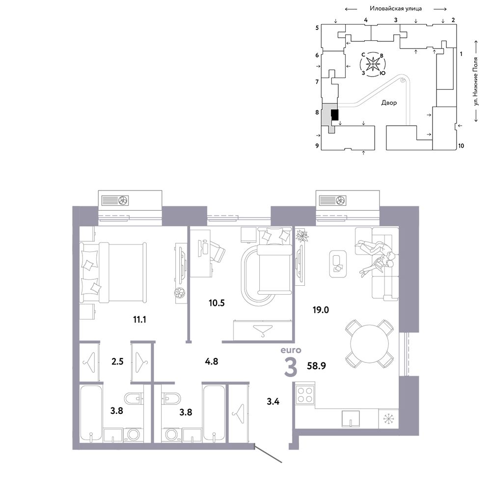 3-комнатная, 58,9 м² — 24 520 588 ₽