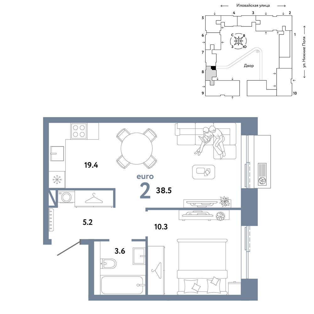2-комнатная, 38,5 м² — 21 690 000 ₽